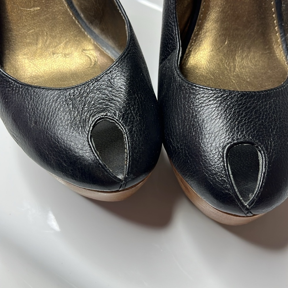 Stylish Black Leather& Wood Platform  Slingback Heels - Picture 8 of 12